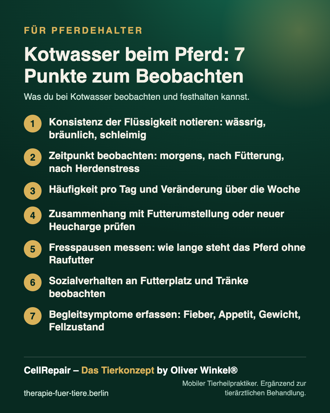 Übersicht: Beobachtungspunkte bei Kotwasser beim Pferd
